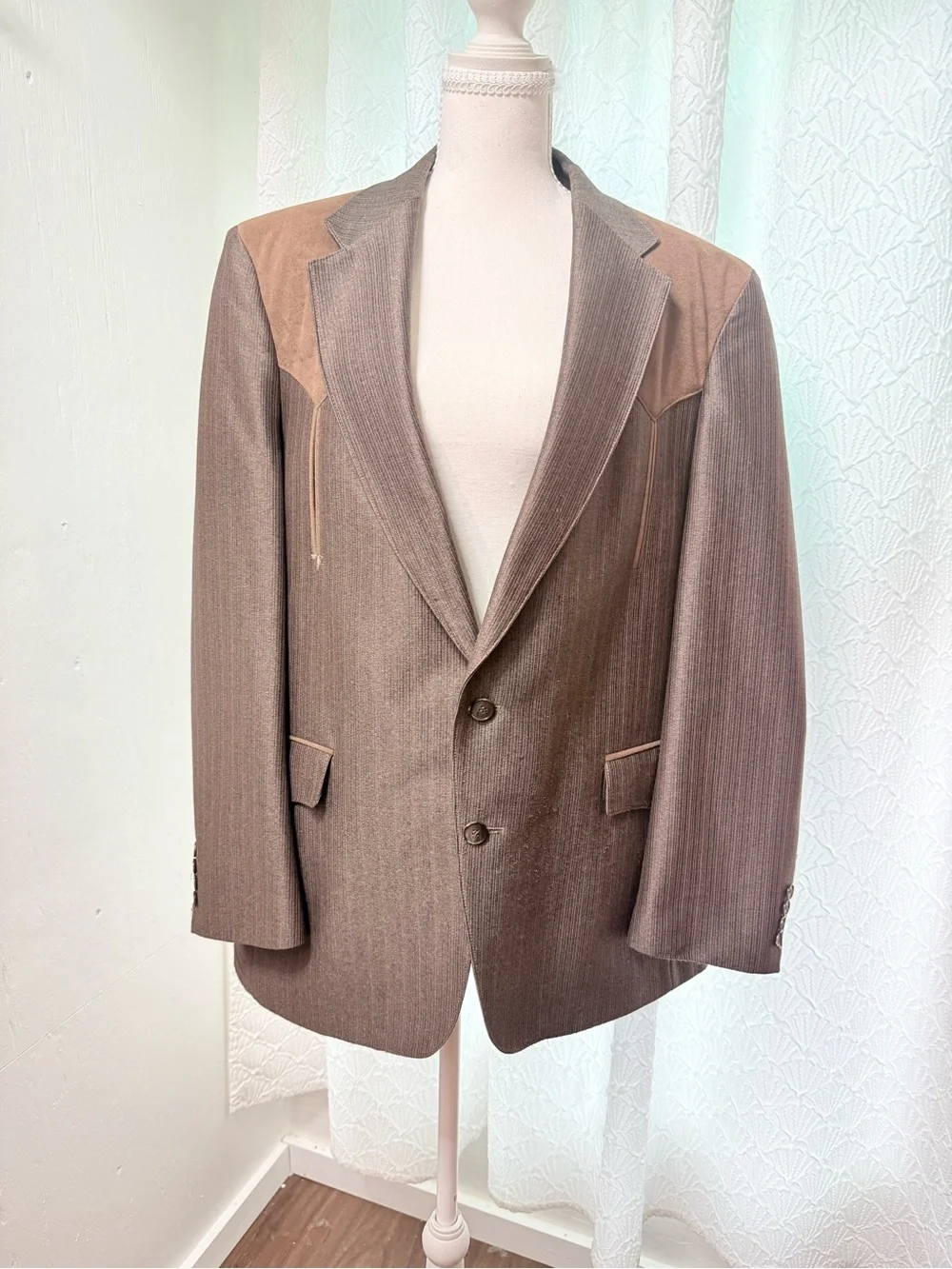 Men's Brown Pinstripe Blazer with Suede Shoulder Panels